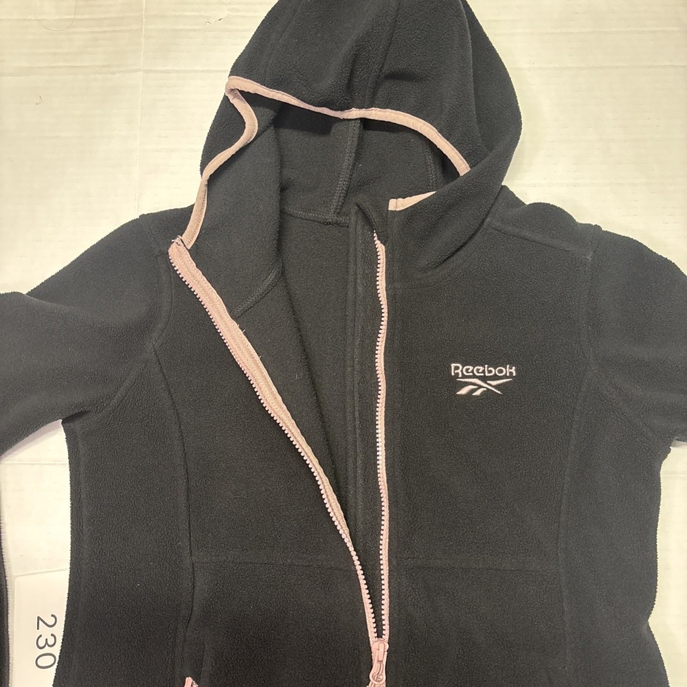 Reebok Girls Black Full Zip Fleece Hoodie Jacket Pink Trim L 14/16 - Picture 3 of 10
